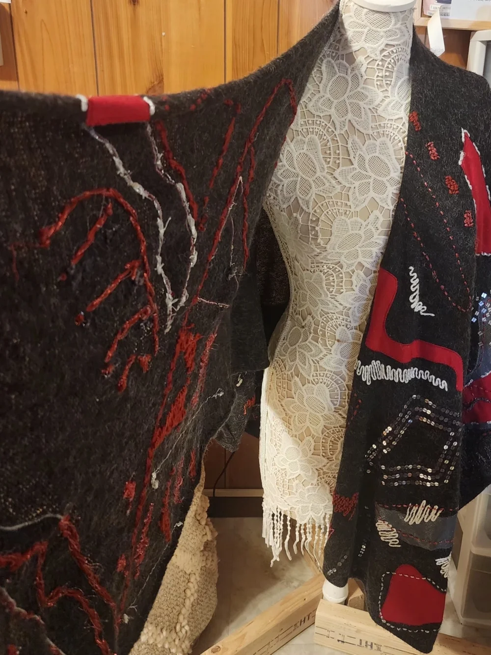 Chico's Charcoal Grey Sequin & Applique Art-To-Wear Knit Wrap Cape